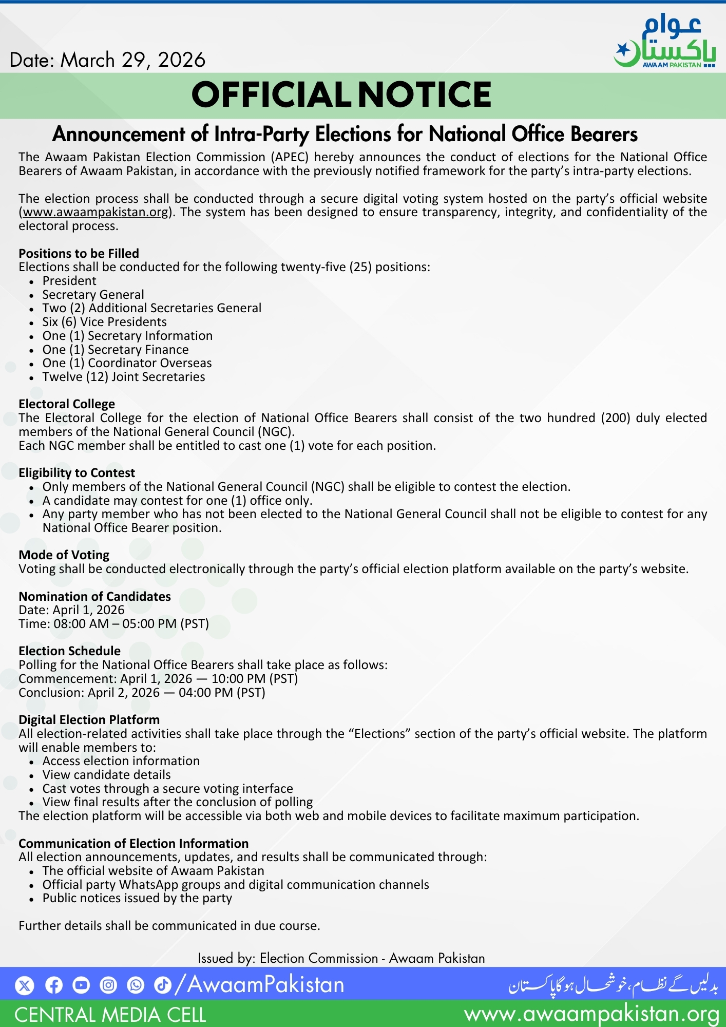 Official Announcement of Intra-Party Elections for National Office Bearers